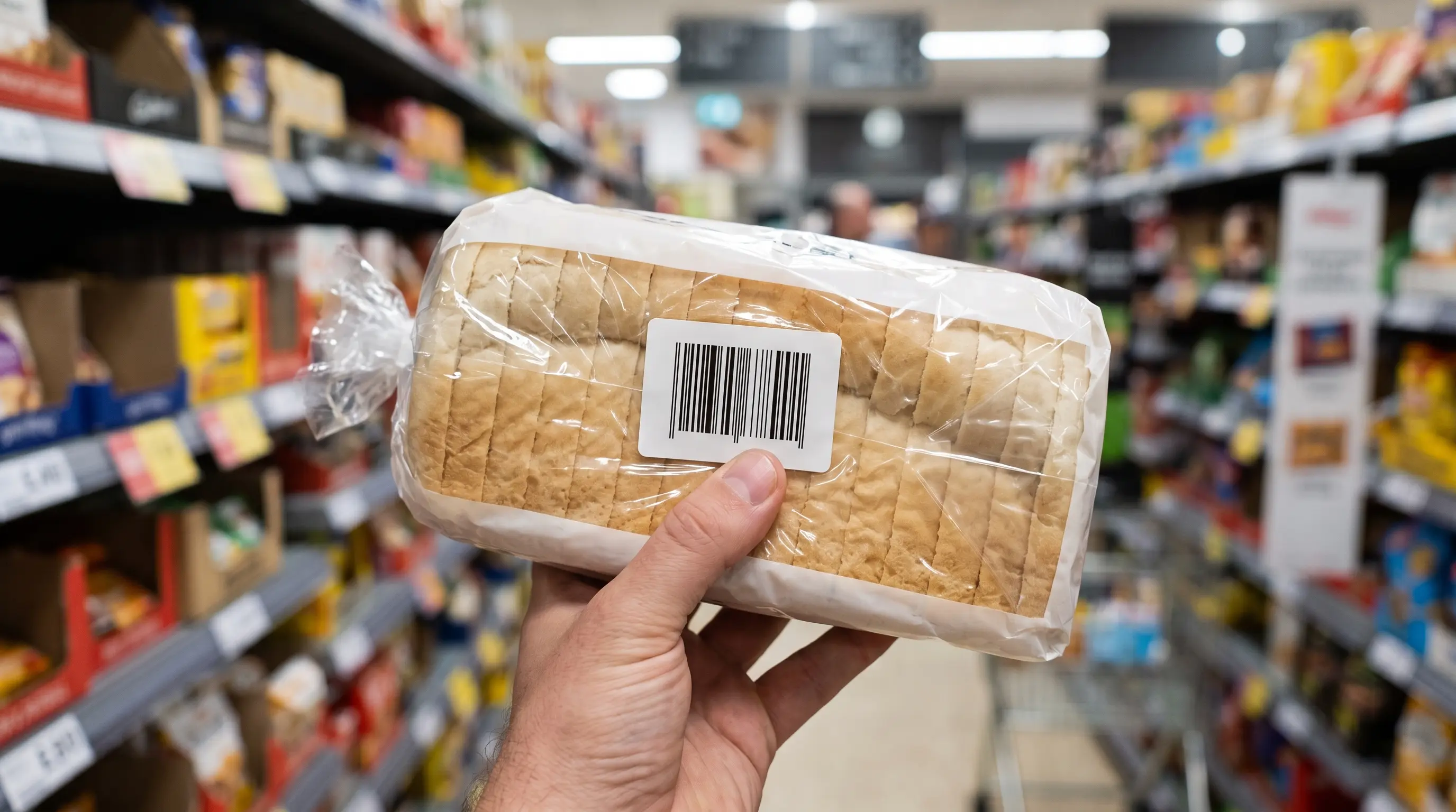 Mano sosteniendo un pan de molde empaquetado con el código de barras visible