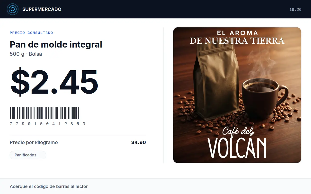 La misma pantalla del verificador con el mismo pan, mostrando ahora el anuncio de un café molido