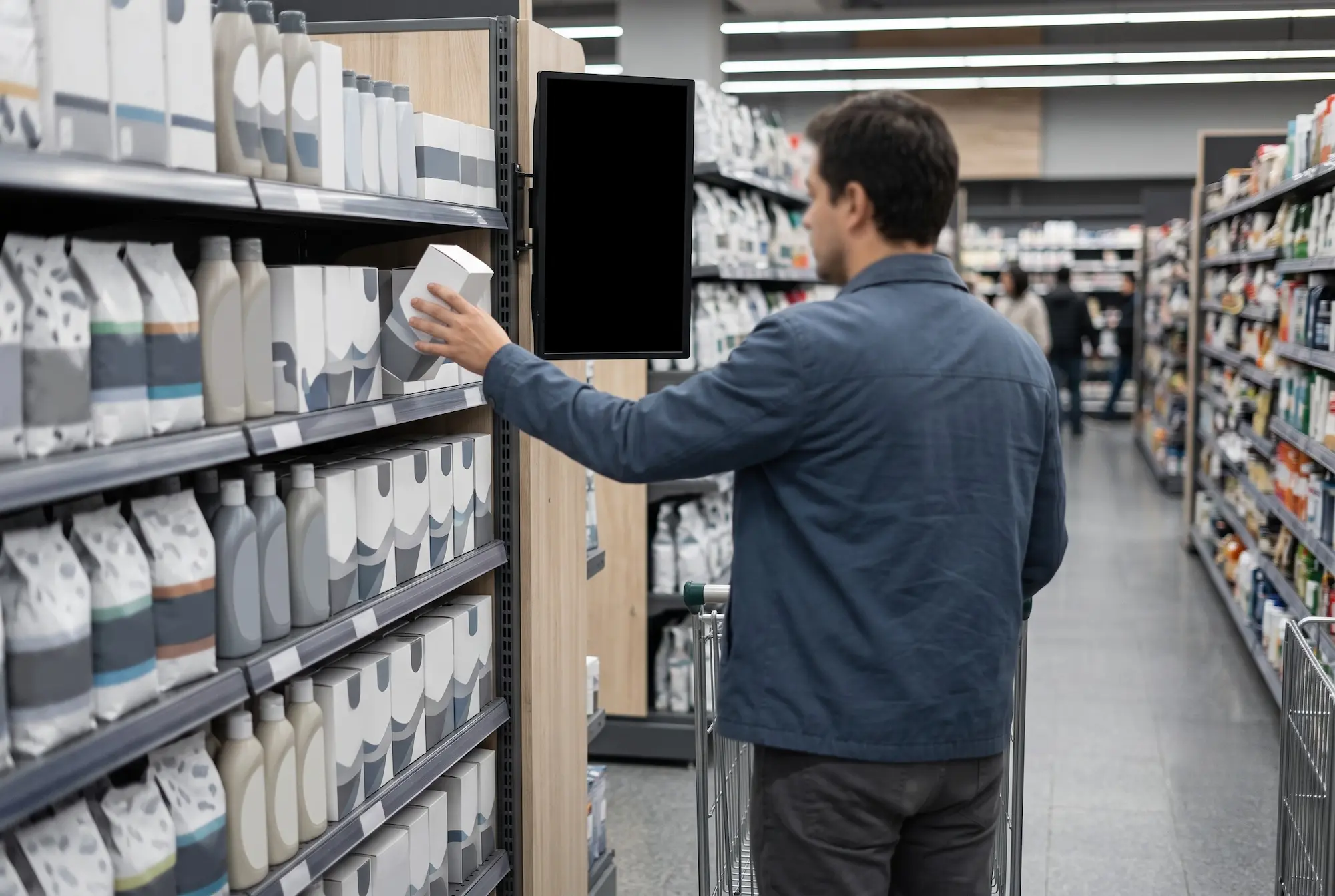 Pantalla montada al final de una góndola de supermercado, al alcance de la mano de un comprador