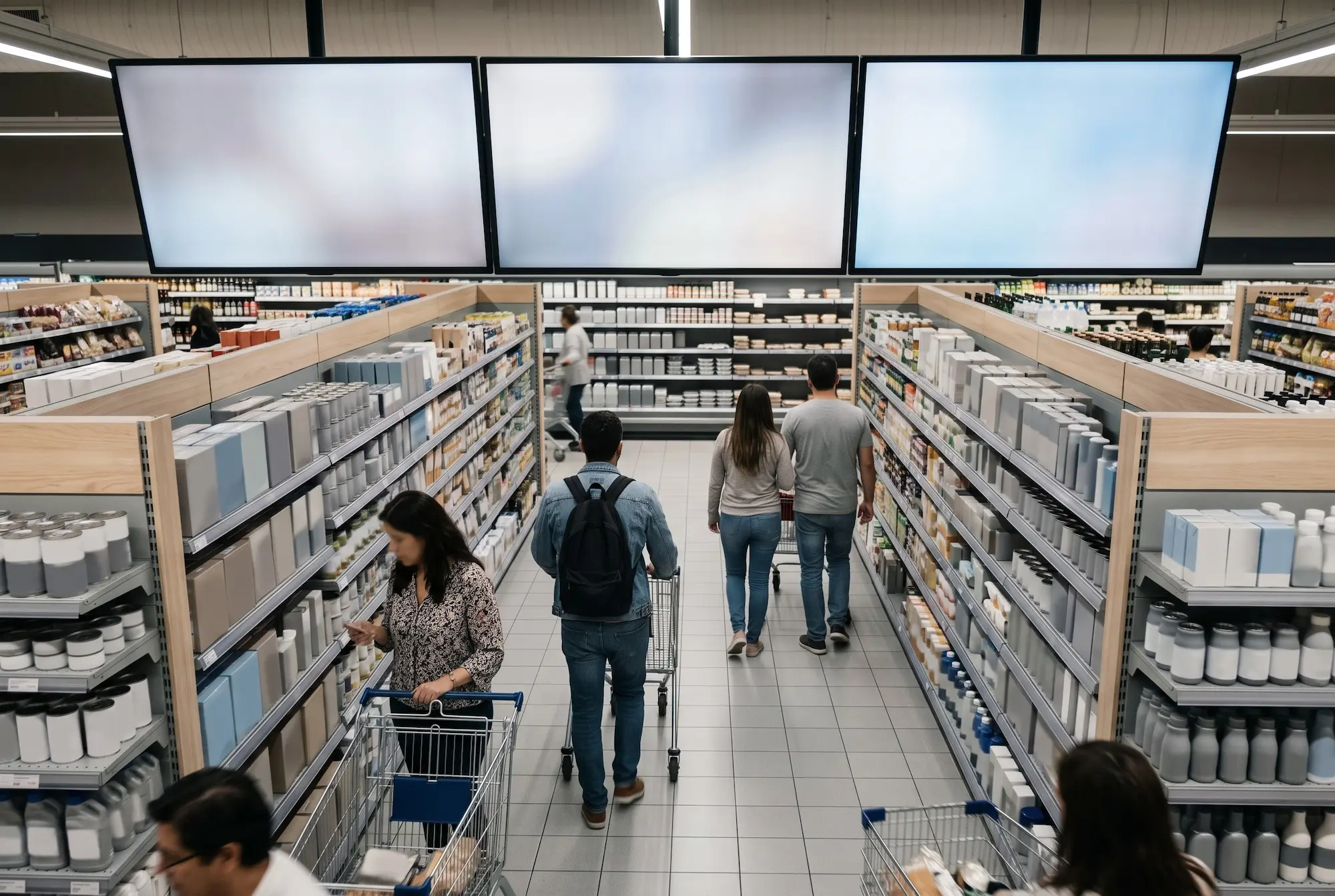 Pantallas encendidas en un pasillo de supermercado mientras los compradores pasan sin mirarlas